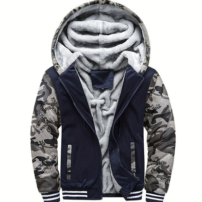Color Block Sherpa Lined Men's Hooded Jacket, Casual Long Sleeve Hoodies With Zipper, Gym Sports Hooded Coat For Winter Fall