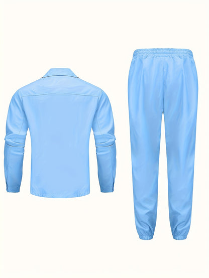 Men'S Casual Polyester Suit Set, Solid Color, Non-Stretch, Regular Fit, with Lapel Collar, Pocket Details, for Hiking, Daily Wear, and Special Occasions, Spring/Fall, Fall/Winter