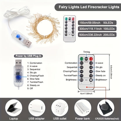 USB Lights String, Fireworks String, 8 Modes with Remote Control and Timer, Suitable for Bedroom Room Garland Wedding Christmas Tree Decoration, Wedding Garland, Christmas Tree Decoration, Remote Control Lights, Timer Lights,