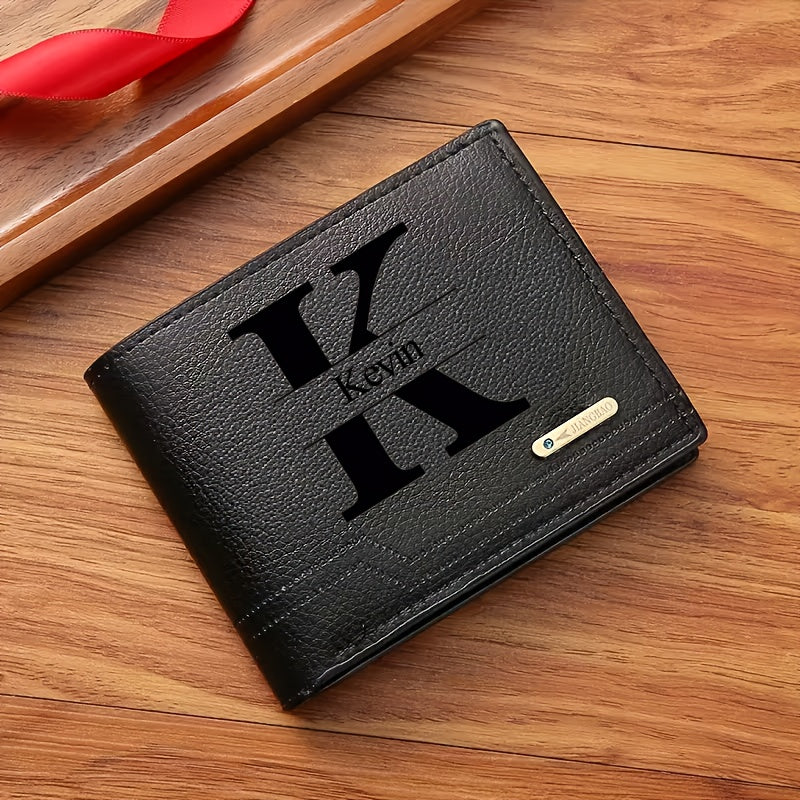 1pc Men's Business Style Faux Leather Wallet, Customizable Text and Initials, Solid Color Faux Leather with Contrast Accents, Compact Short Bifold Design for Easy Carrying - Perfect Birthday Gift for Boyfriend and Father, Per