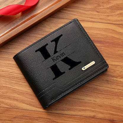 1pc Men's Business Style Faux Leather Wallet, Customizable Text and Initials, Solid Color Faux Leather with Contrast Accents, Compact Short Bifold Design for Easy Carrying - Perfect Birthday Gift for Boyfriend and Father, Per