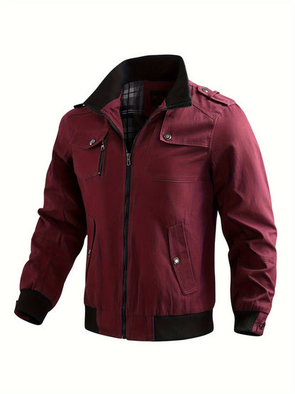 Men's Casual Bomber Jacket, Cotton Stand Collar Windbreaker Jacket With Pockets For Fall Winter