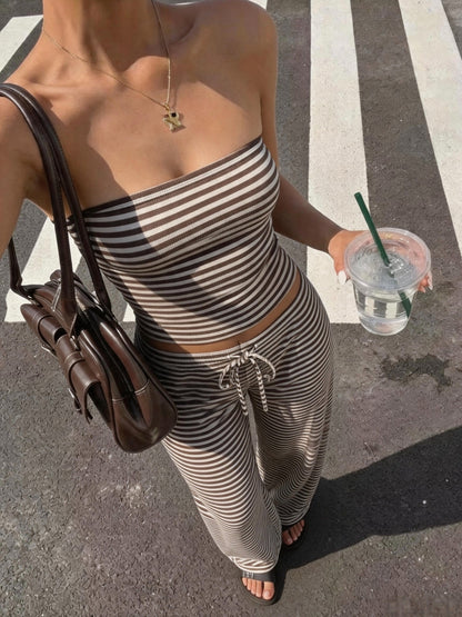 Elegant Women's Casual Color-Block Striped Two-Piece Set