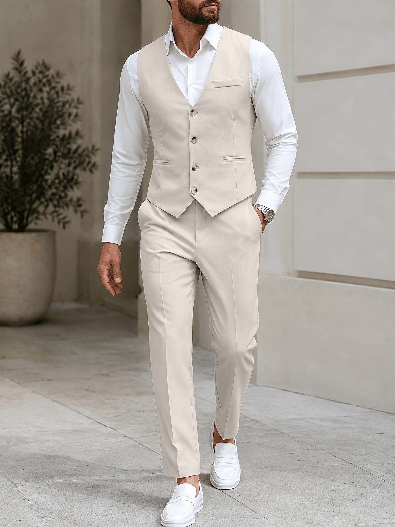 Men's Casual Business Vest Suit Set - Polyester, Sleeveless