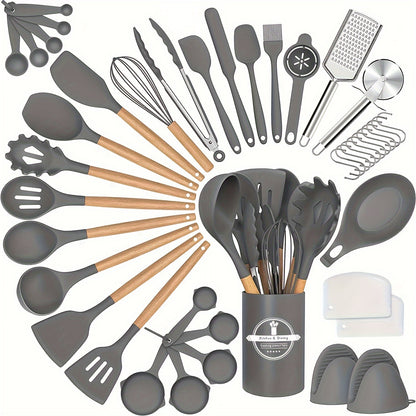 43pcs Non-Stick Cookware Storage Bucket with Wooden Handles, Silicone Kitchen Utensils, Easy-To-Clean Kitchen Tools, Spatula And Spoon Set.