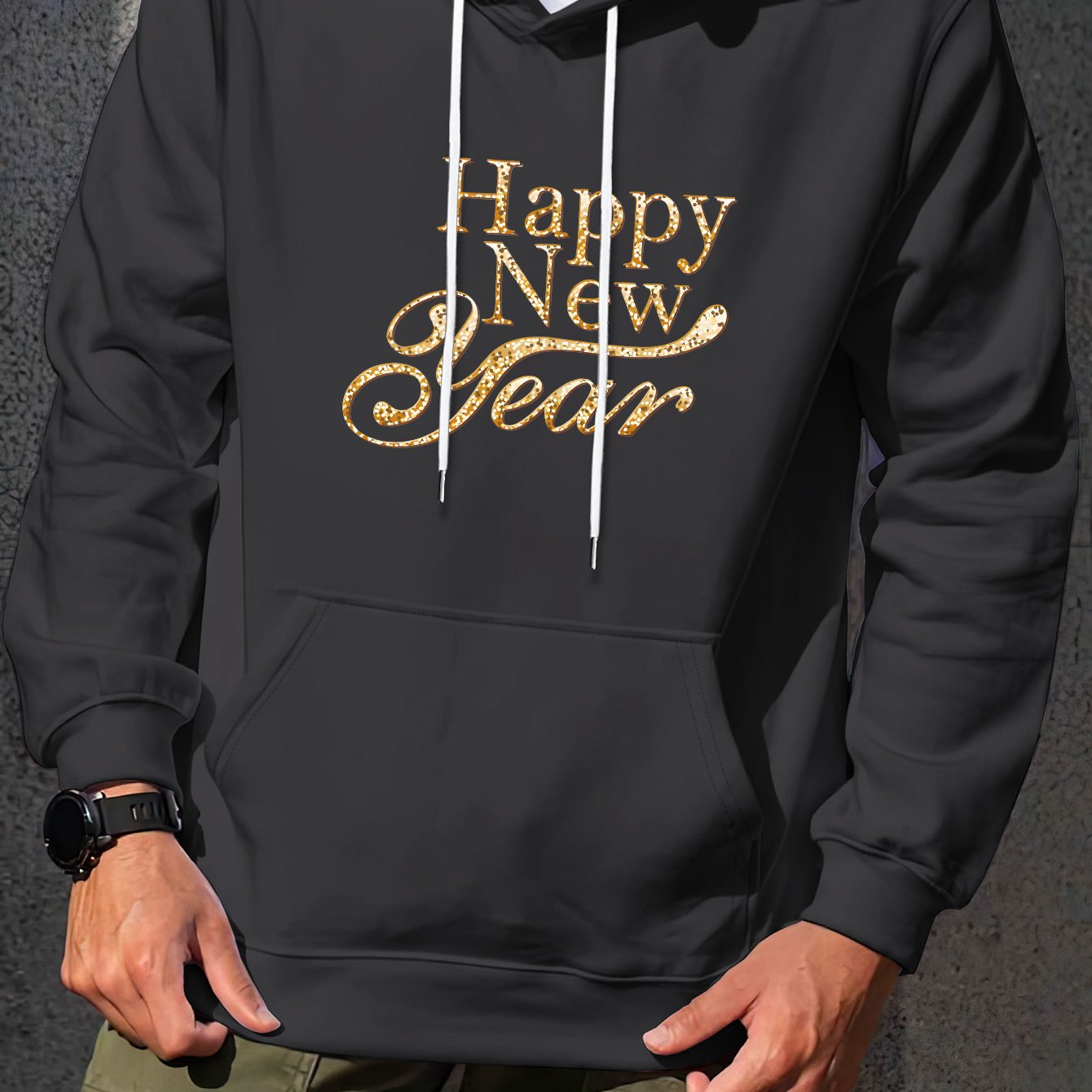 Men'S Golden Letter Print Hooded Sweatshirt - Happy New Year Lettering, Soft Knit Micro-Elastic Fabric, Loose Fit Casual Pullover Hoodie with Front Pocket, Streetwear Style, Unisex Apparel, Durable Material, Trendy Design, Ho