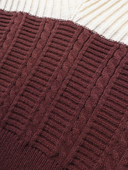 Men's Fashion Color-Block Striped Crew Neck Long Sleeve Casual Pullover, Trendy Elastic Warm Knitwear for Winter Outdoor Activities