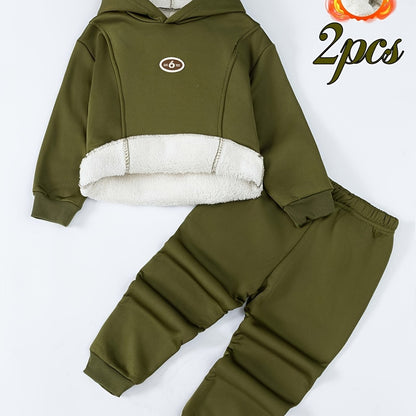 2pcs Autumn and Winter Hot-Selling New Boys' Warm Fleece Set: Hoodie + Thermal Pants, Casual Sporty Style for Outdoor Wear, Perfect for Outdoor, Sportive For Boy, Boy Clothe Age, Boy Set, Clothes Sons, Trening Baieti Copii, B