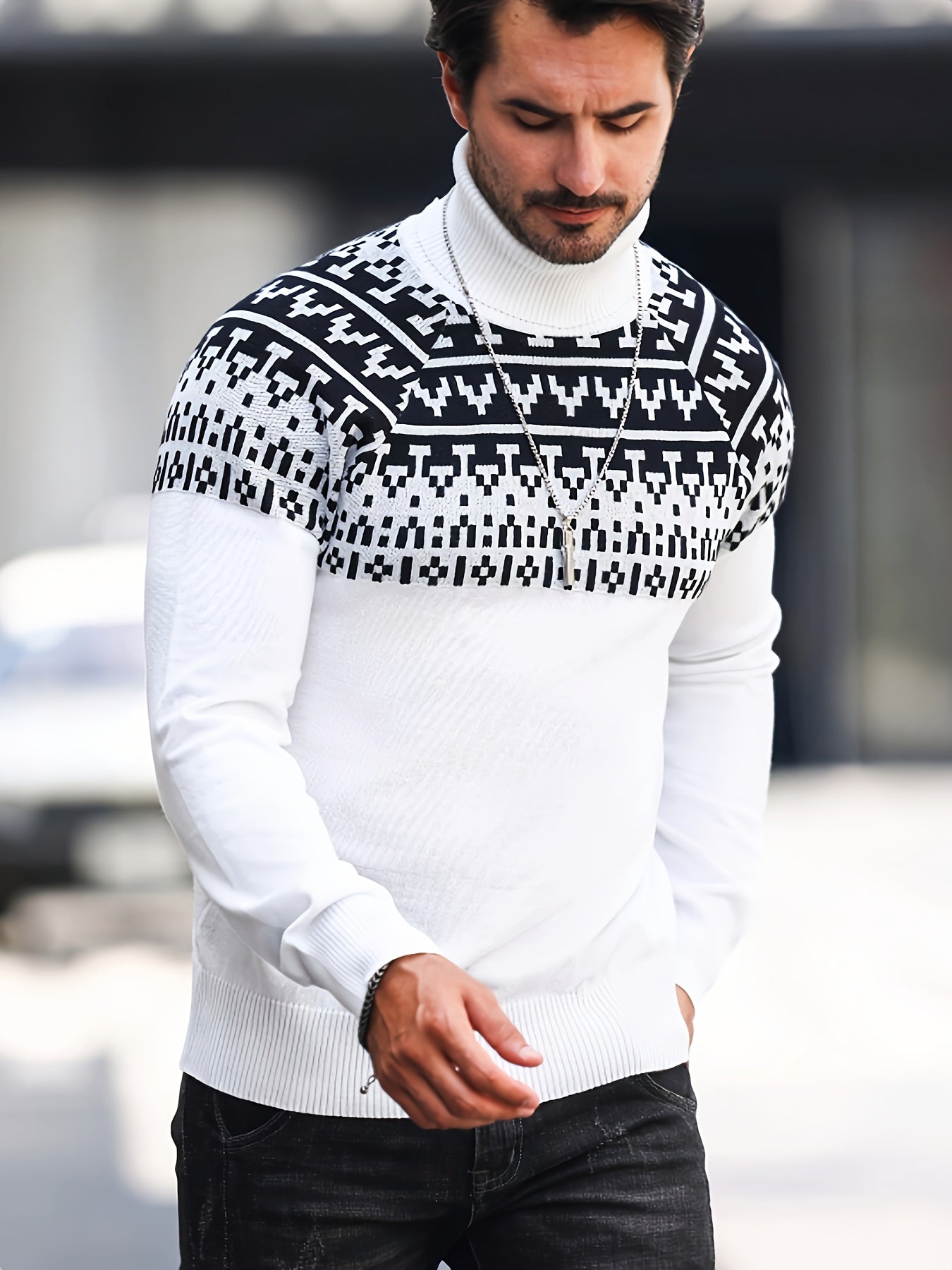 Տղամարդու երկրաչափական գրաֆիկական նախշերով տրիկոտաժե սվիտեր, աշնանային ձմեռային երկար թևքով կրիայով վզնոցով, բացօթյա հագուստի համար