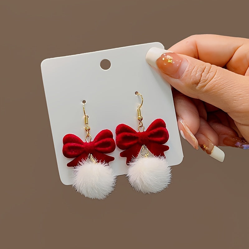 Copper Earrings Elegant Cute Red Flocking Bow White Furry Ball Design Dangle, for Winter, Christmas, Party, Gift-giving Occasion, Women