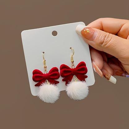 Copper Earrings Elegant Cute Red Flocking Bow White Furry Ball Design Dangle, for Winter, Christmas, Party, Gift-giving Occasion, Women
