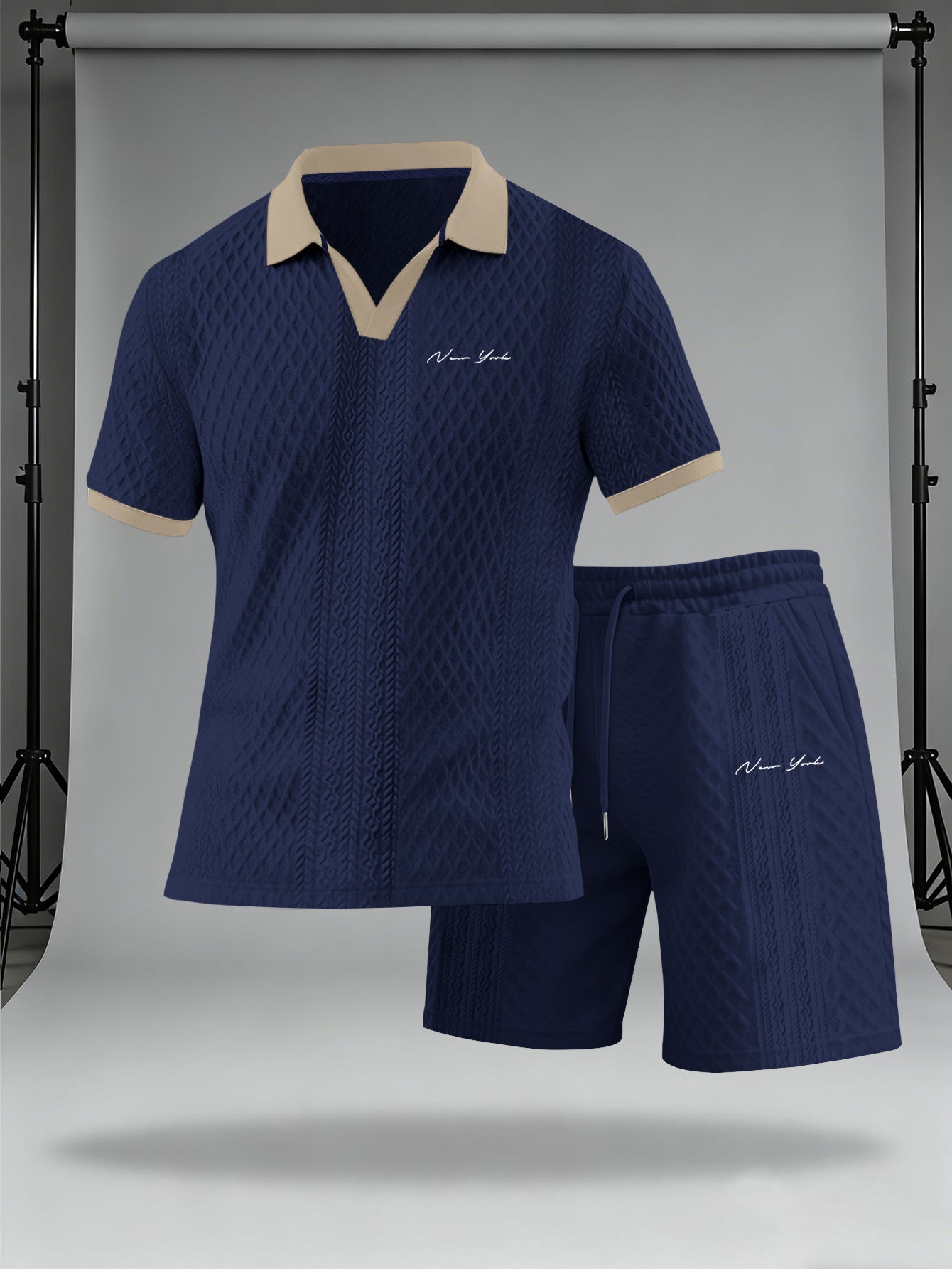 Men's Casual Summer Knitted Polo Set with Geometric Pattern