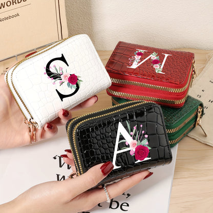 Minimalist Women'S Short Wallet Featuring a Double Zipper Design, with a Crocodile A-Z Letter Pattern. This Stylish Handbag Also Serves As a Fashionable Coin Wallet, Perfect for Travel, Back-To-School, Or Parties.