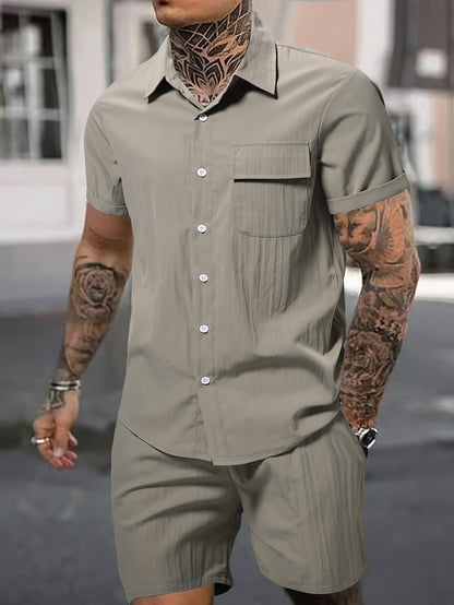 Men's Summer 2pcs Set: Casual Fashion Beige Short Sleeve Collared Shirt & Drawstring Shorts - Lightweight Blend, Ideal for Beach Vacations