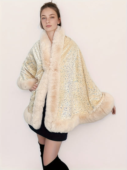 Մեծ չափսի կանացի էլեգանտ շալ-թիկնոց-պոնչո - շքեղ շագանակագույն թիկնոց՝ փայլուն հմայքով, խիտ ձմեռային վերարկու երեկույթների, պաշտոնական միջոցառումների համար՝ չձգվող գործվածք, հեշտ խնամվող էլեգանտ փաթաթան ամենօրյա հատուկ առիթների համար, երեկույթի հագուստ, C