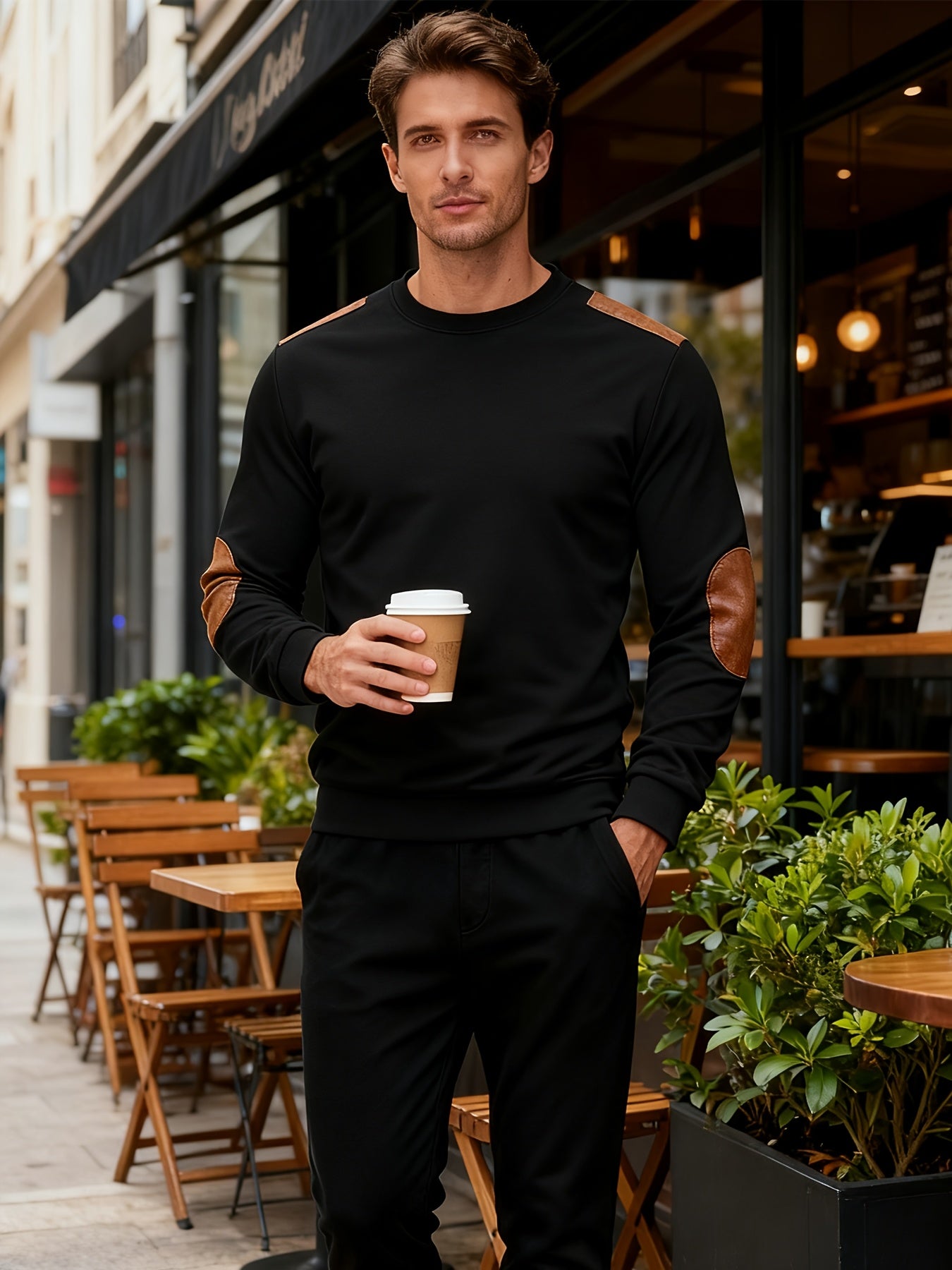 Men'S Classic Fashion Crew Neck Long-Sleeved Top | Light and Comfortable Fabric with Contrast Beige Patches for Enhanced Durability, Regular Fit, Ideal for Daily Leisure, Street Fashion, Outdoor Activities, and Light Fitness