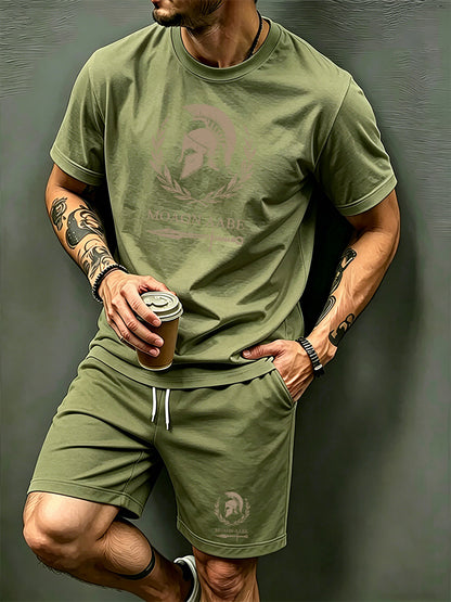 Men's Summer Short Sleeve T-Shirt and Shorts Set with Spartan Helmet P