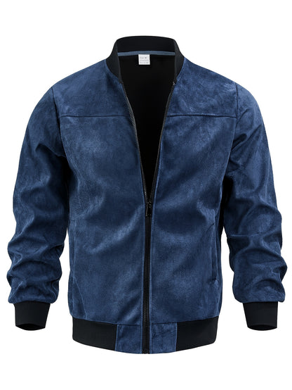 Men's Casual Full-Zip Bomber Jacket with Ribbed Cuffs for Fall/Winter
