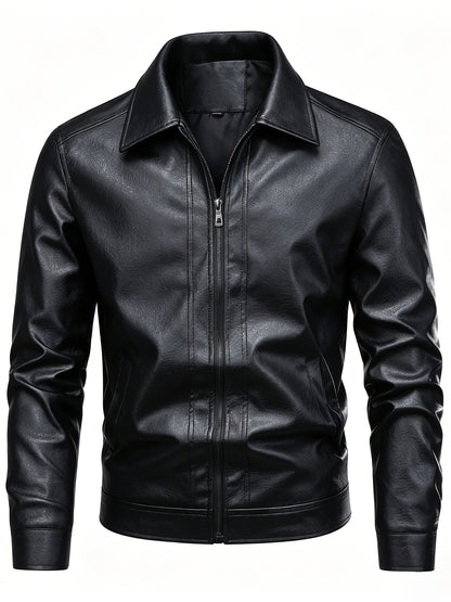 Men's Casual Lapel Zip-Up Jacket Lightweight PU Outerwear