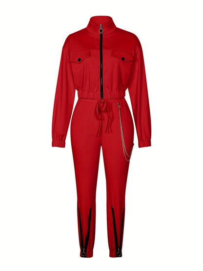 Women's Two-Piece Casual Set with Zipper Patchwork Detail - ayq
