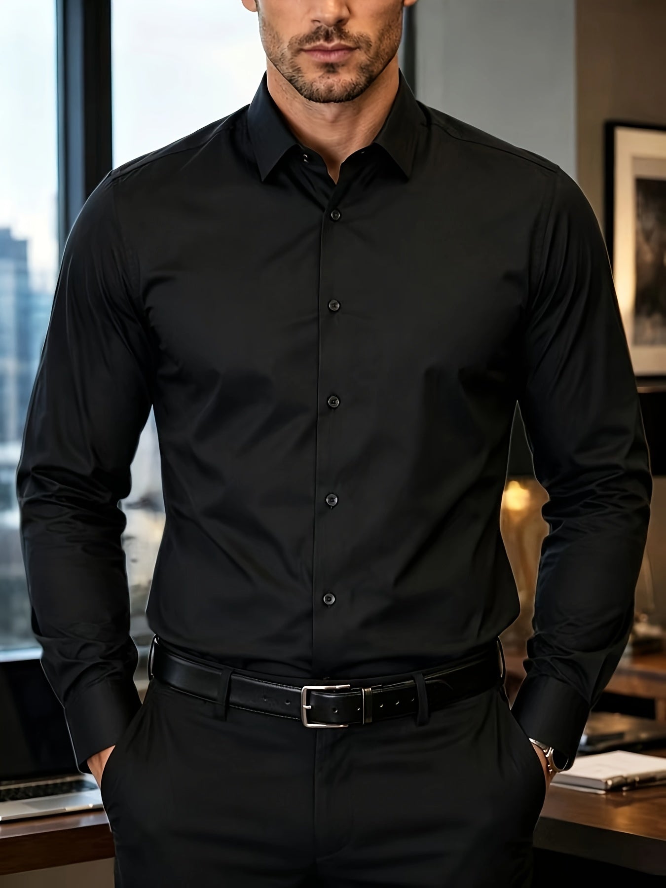 Men's Long Sleeve Business Shirt, Lightweight Breathable Polyester