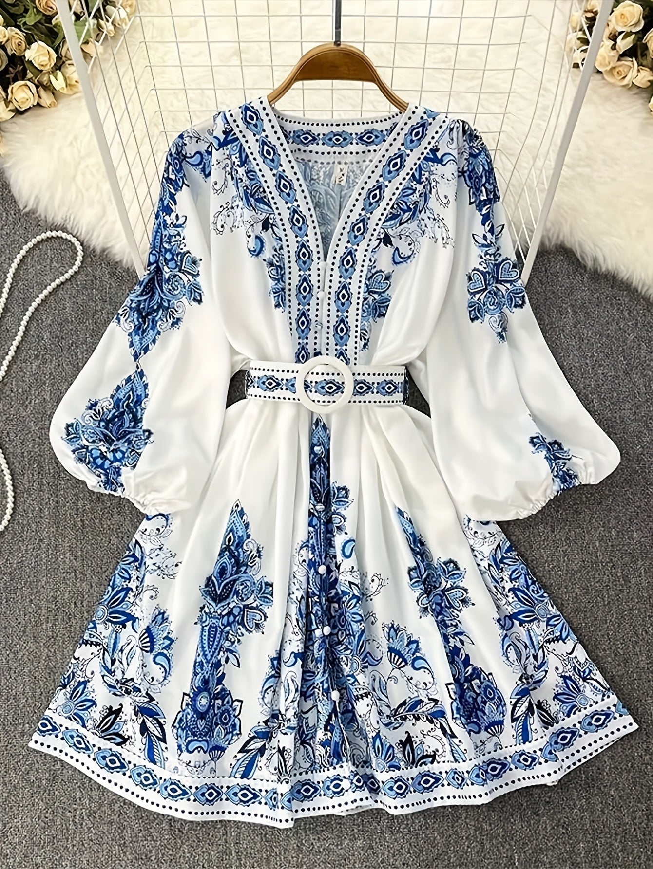 Holiday Cheer] Women's Bohemian Floral Print Half-Sleeve Midi Dress with Belt - V-Neck, Lightweight Polyester, Perfect for Summer Vacations, Casual Summer Wear|Print Casual Dress|Lightweight Dress, Holiday Dress