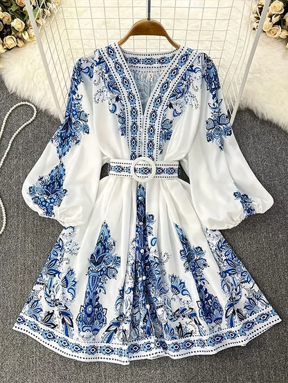 Holiday Cheer] Women's Bohemian Floral Print Half-Sleeve Midi Dress with Belt - V-Neck, Lightweight Polyester, Perfect for Summer Vacations, Casual Summer Wear|Print Casual Dress|Lightweight Dress, Holiday Dress