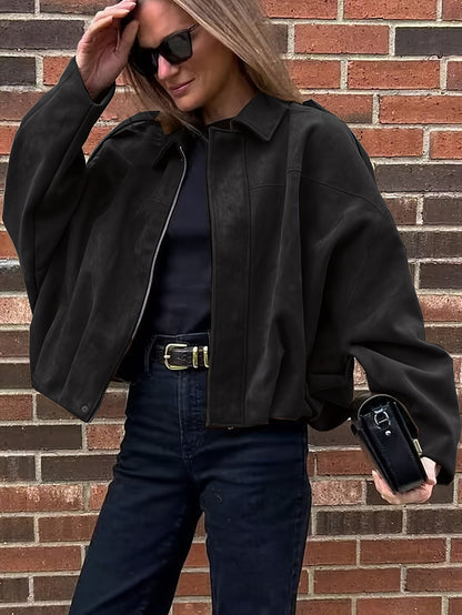 Կանացի վինտաժային բոմբեր բաճկոն - ազատ չափի երկար թևքով, կայծակաճարմանդով և իջեցված ուսերով, շագանակագույն առօրյա վերնազգեստ աշուն/ձմեռ համար, չձգվող գործվածք, իդեալական է առօրյա հագուստի համար, աշուն-ձմեռ բաճկոն | Վինտաժային բոմբեր ոճ | Zipp