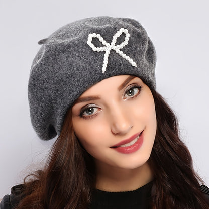 1pc Women's Wool Beret with Pearl Bow - Elegant, Breathable, and Stylish in Multiple Colors (Black, Brown, Gray, Beige, Purple, Pink) for Casual Attire