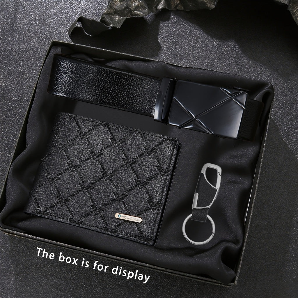 3pcs Men's wallet+Men's belt keychain set, gorgeous business fashion casual sports temperament Men's daily use matching wallet belt, trendy Men's must-have matching, Christmas Valentine's Day gift for fathers, (excluding pict