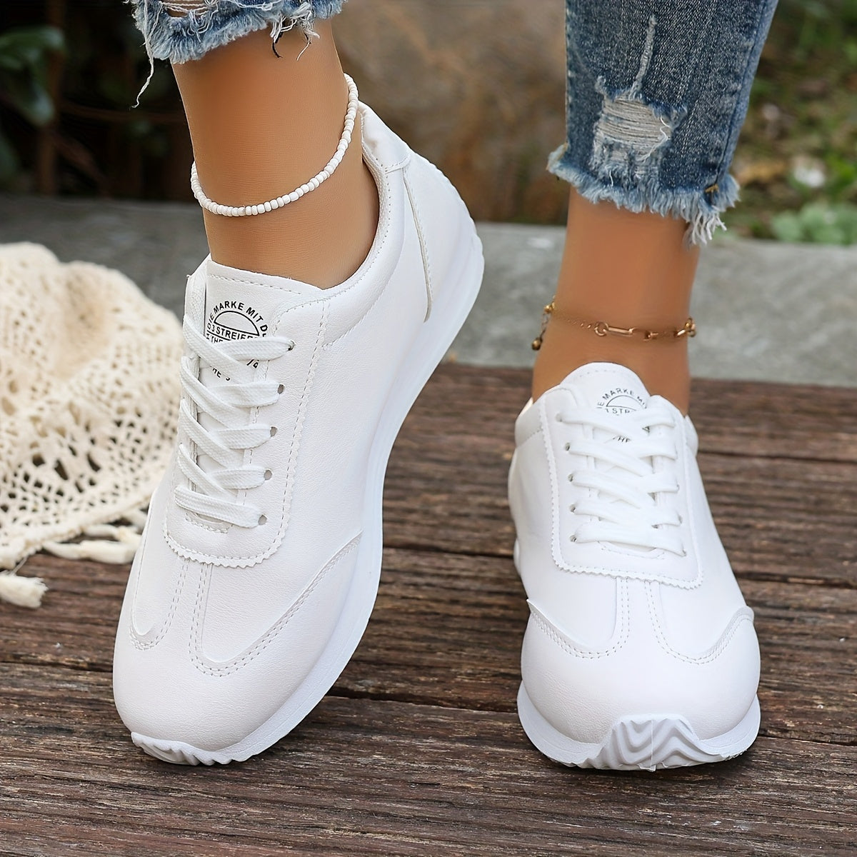 Women's Lightweight Casual Sneakers - White Synthetic Leather, All-Season Comfort, Stability Support, Breathable Fabric Lining, TPR Sole, Perfect for Casual Attire, Cute Shoes