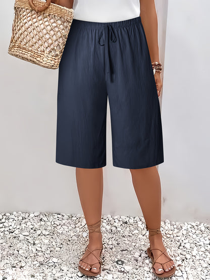 Labelled Women'S Shorts with Faux Drawstring, Solid Color Beach Pants.