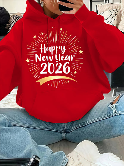 Women'S Pink "Happy New Year 51.46meter Print Hoodie - Cozy Casual Pullover with Golden Glittery Lettering, Long Sleeves, and Drawstring Hood, Perfect for Winter Celebrations, Winter Hoodie | Festive Print Hoodie | Stretchy F