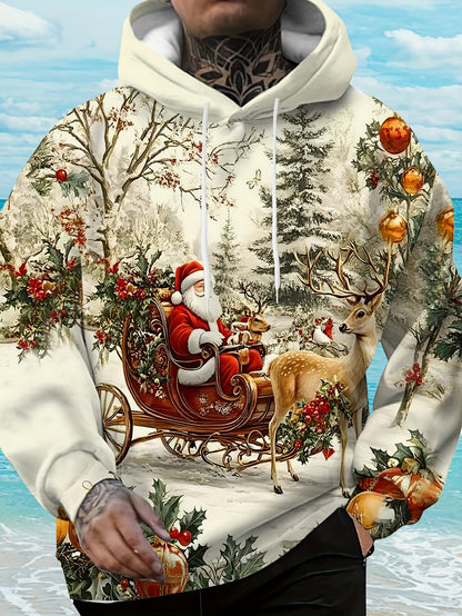 Men'S Plus Size 3D High-Definition Christmas Hooded Sweatshirt - Santa Claus & Reindeer Print, Loose Fit Winter Warmth, All-Season Casual Pullover with Pockets, Christmas Sweatshirt, Festive Clothing, Holiday Apparel, Holiday
