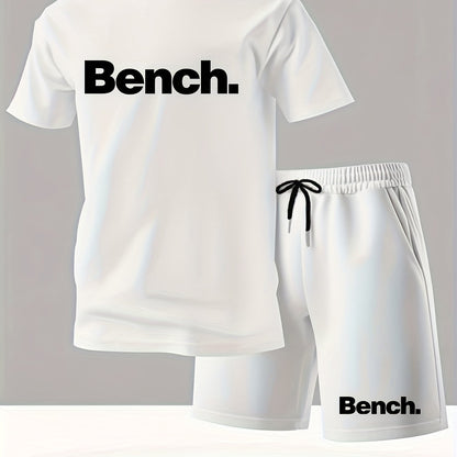 Summer Men'S Casual Sports Short Sleeve T-Shirt and Shorts Set, Knitted Polyester Fabric, Comfortable Breathable, Bench. Letter Print Design - 2pcs