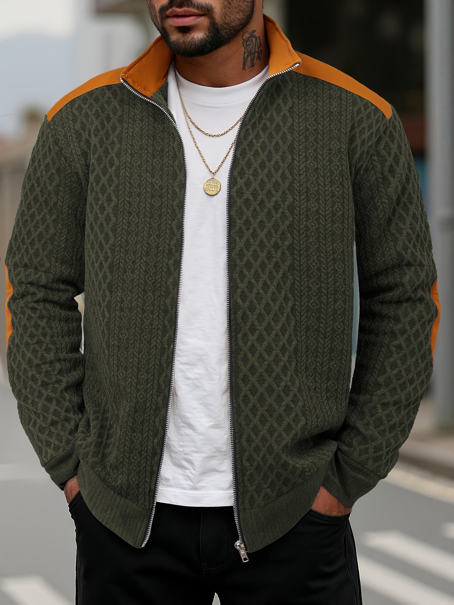 Men's Beige & Orange Contrast Full-Zip Jacket - Winter Warmth Loose-Fit Tailored Coat with Stand Collar, Zippered Pockets & Full-Zip Closure, Machine Washable Casual Outerwear for Men (Beige/Orange) - Ideal for Fall and Winte