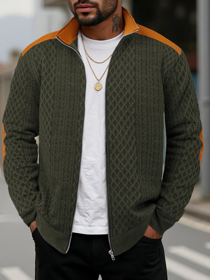 Men's Beige & Orange Contrast Full-Zip Jacket - Winter Warmth Loose-Fit Tailored Coat with Stand Collar, Zippered Pockets & Full-Zip Closure, Machine Washable Casual Outerwear for Men (Beige/Orange) - Ideal for Fall and Winte