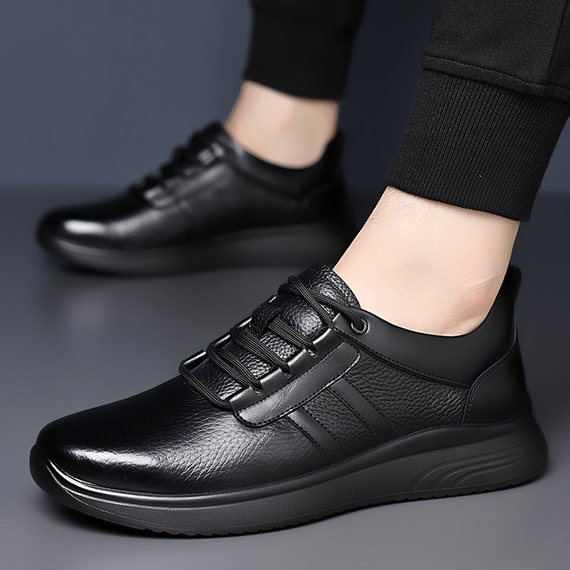 Men's All-Day Comfort Winter Shoes with Faux Fur, Elasticated Laces - Genuine Cowhide Upper & Sole, Low-Top Round-Foot Design for Warmth & Traction - All- Suitable for Travel, Work, Outdoor & Casual Wear