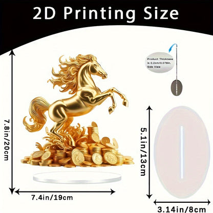 2D Flat, 1 Golden Lucky Horse Acrylic Desk Ornament with Coin Base- 2D Flat Print Wealth Decor, Suitable for Home Office Bedroom Living Room, Battery-Free Birthday and Housewarming Gift, Home Decoration& Accessories, 2D Flat