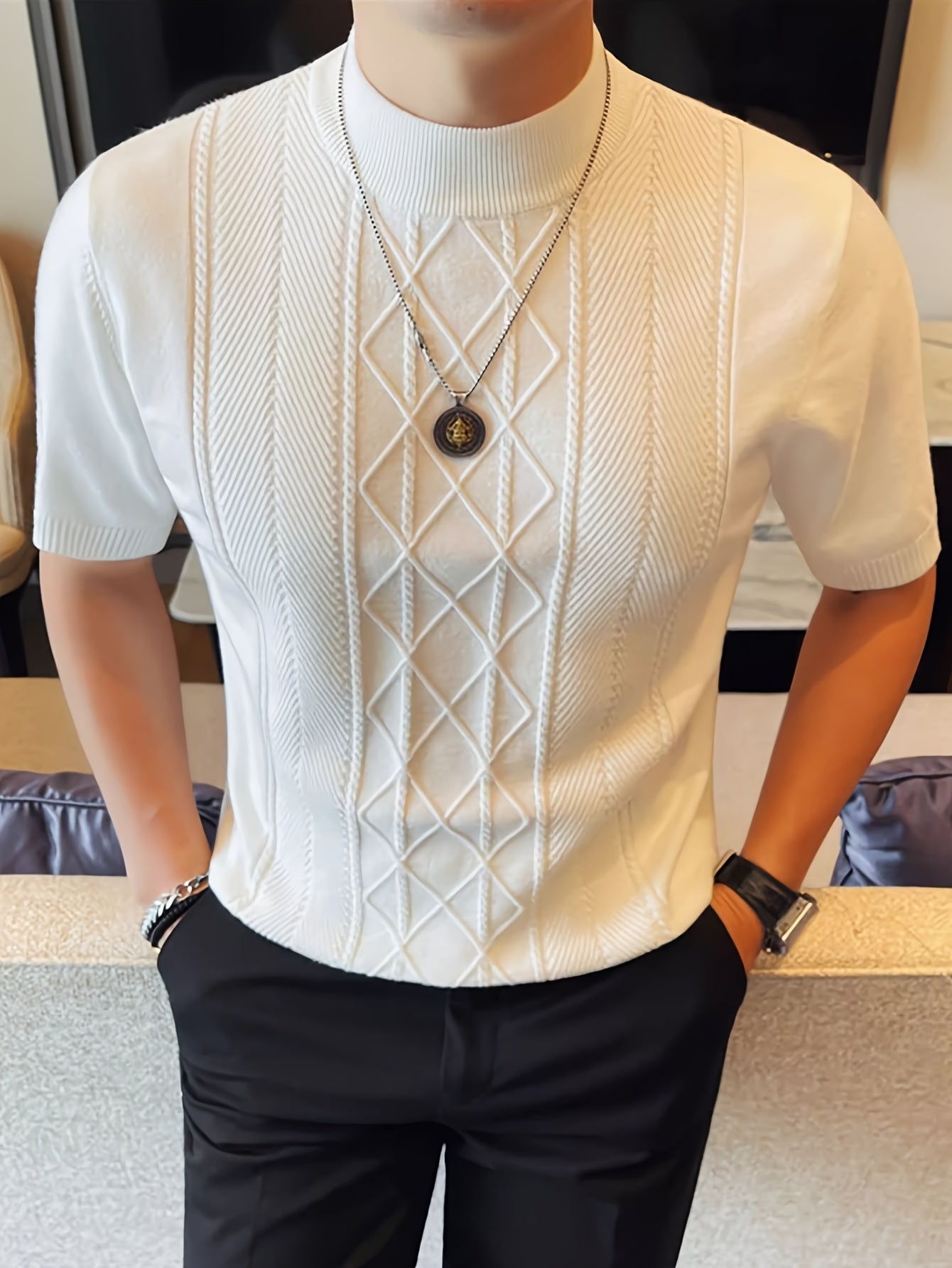 Men's New Solid Color Rhombus Fashion Semi-High Neck Knit Sweater, Spring/Summer Casual Short Sleeve Knit Top - ayq