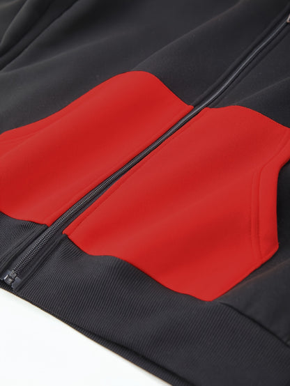 95% Polyester, 5% Spandex 2pcs Men's Set, -Lined Warm Casual Color-Block Zip-Up Sweatshirt with Pockets + Drawstring Pocket Elastic Waist Jogger Pants, 250g Men's Casual Sportswear Set, Global Four-Season Base Layer, Factory-