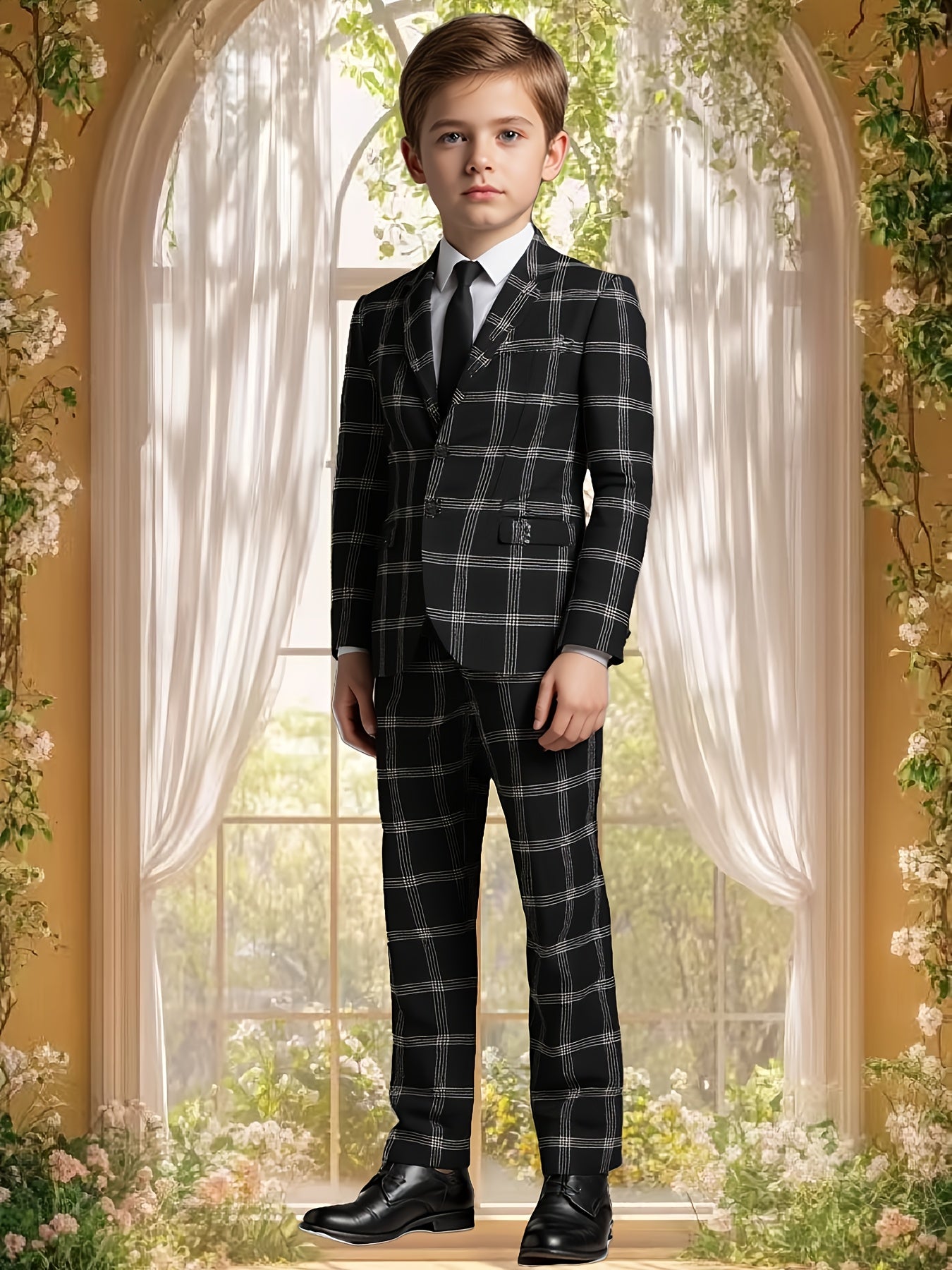 Boys' Plaid Two-Piece Suit Regular Fit Business Casual