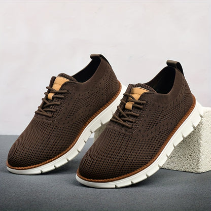 Men's Breathable Knit Business Casual Shoes - Beige with Brown Accents, Lace-Up, EVA Sole, Round Toe, Versatile for All Seasons, Dressy Shoes