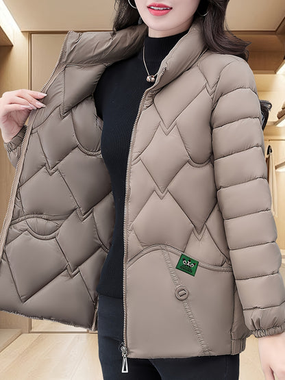 Women'S Embroidered Quilted Jacket, Casual Long Sleeve Polyester Coat, Non-Stretch H-Contoured Regular Fit, Pleated Hem, Thick Warm Winter Outerwear for Middle-Aged Moms