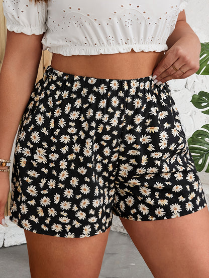 Women's High-Waisted Floral Print Wide-Leg Shorts - Navy Blue with Yellow & White Flowers, Lightweight Polyester, Perfect for Spring & Summer Travel, Vacation Style, Spring Shorts | Floral Shorts | Stylish Design, High Waiste
