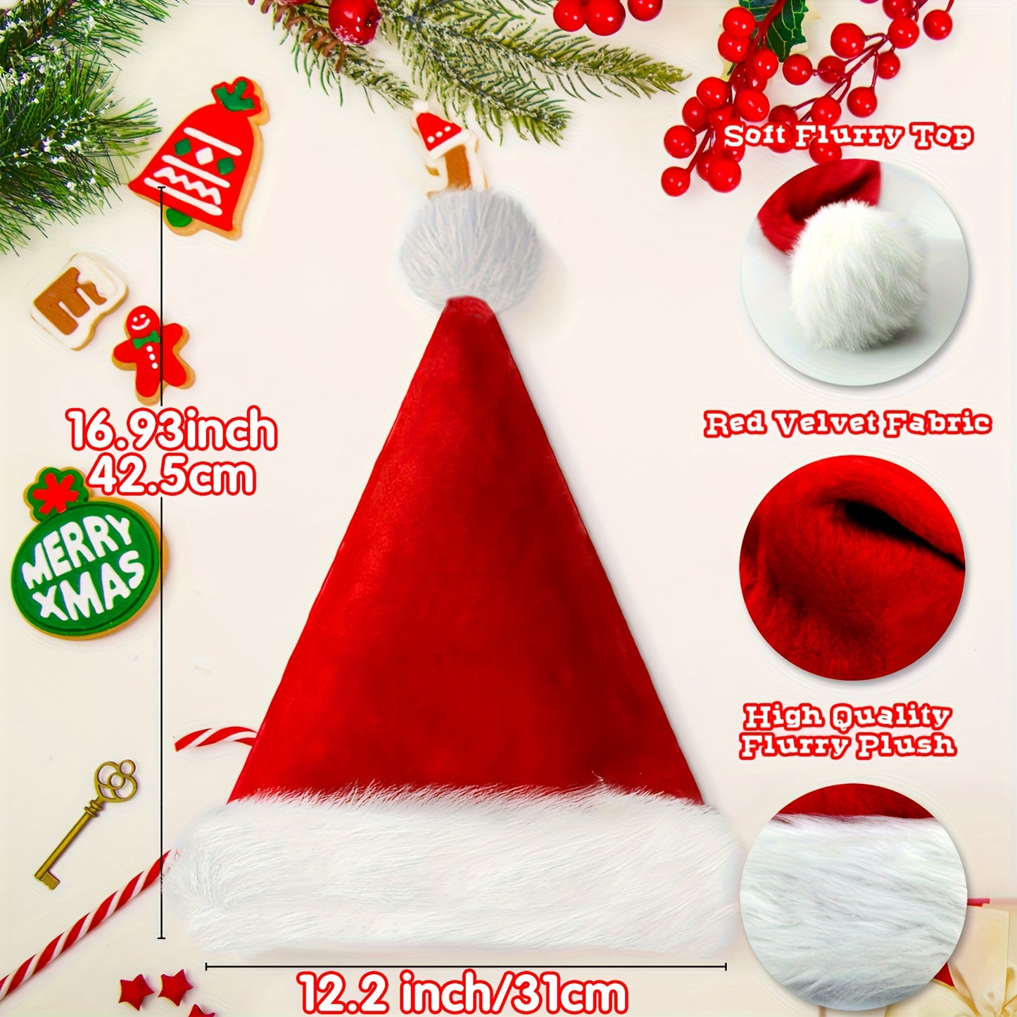 Adult Unisex Christmas Santa Hat - Thickened Comfortable Red & White with White Piping Trim & Fluffy Beard-Friendly Collar - Iconic Santa Cap for Holiday Parties, Costumes, Xmas Events (Hand Wash Only) for Christmas,Newyear,V