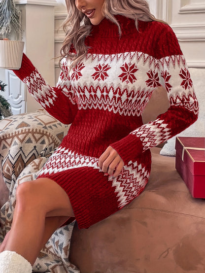 Women'S Christmas Sweater Dress - Red & Snowflake Pattern, High Neck Long Sleeve Winter Party Dress, Cozy Holiday Outfit for Christmas, New Year'S Eve