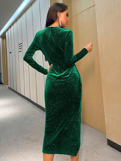 Աշնանային զգեստ, ձմեռային հագուստ, Սուրբ Ծննդյան և Հելոուինի նրբագեղ հարսանեկան զգեստ՝ արծաթափայլ զարդարանքով խորը V-ձև դեկոլտեով և բարձր բացվածքով մարմնագույն երեկոյան զգեստ կանանց համար