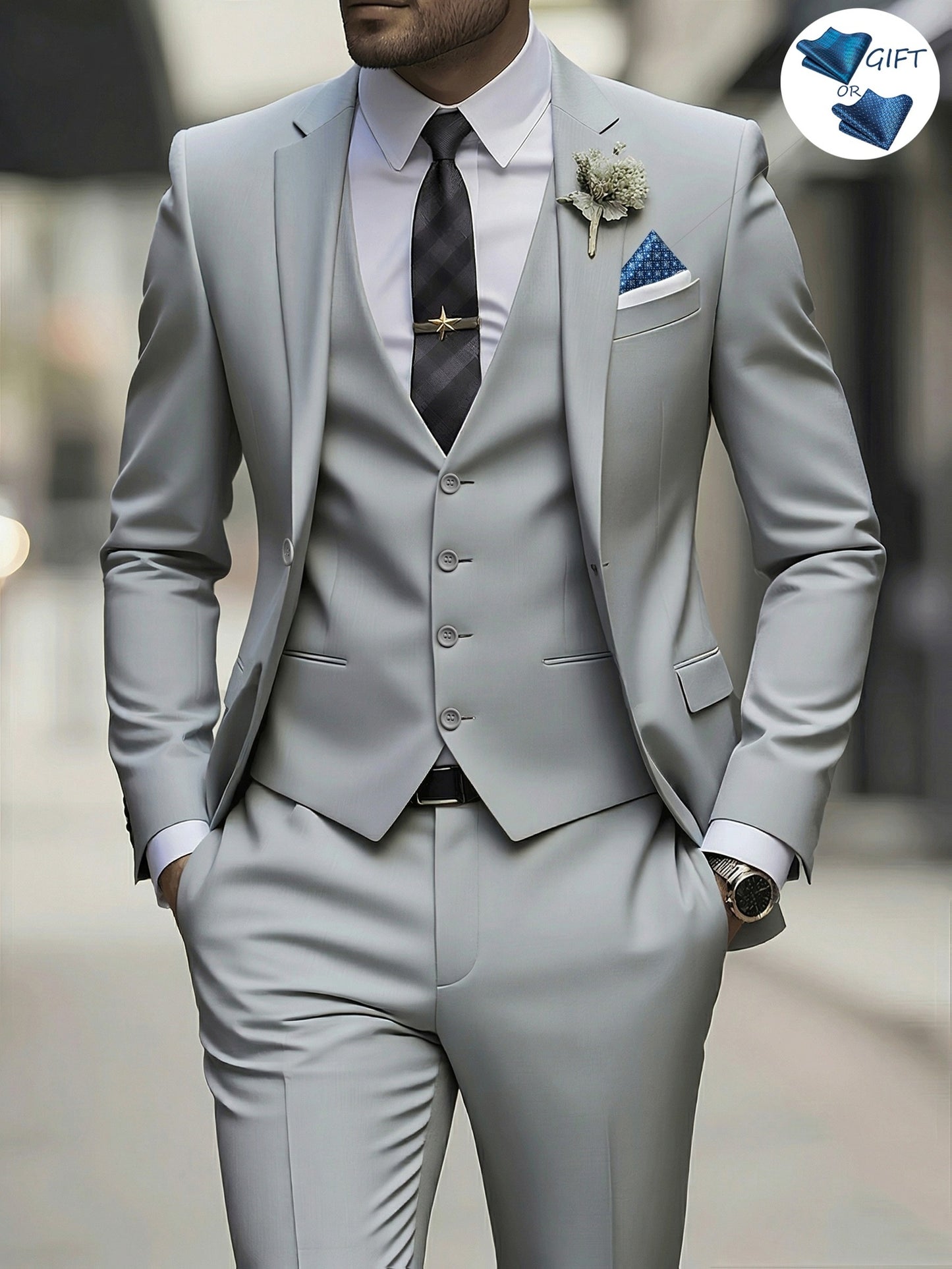 Men's 3-Piece Polyester Suit Set with Jacket, Vest & Trousers