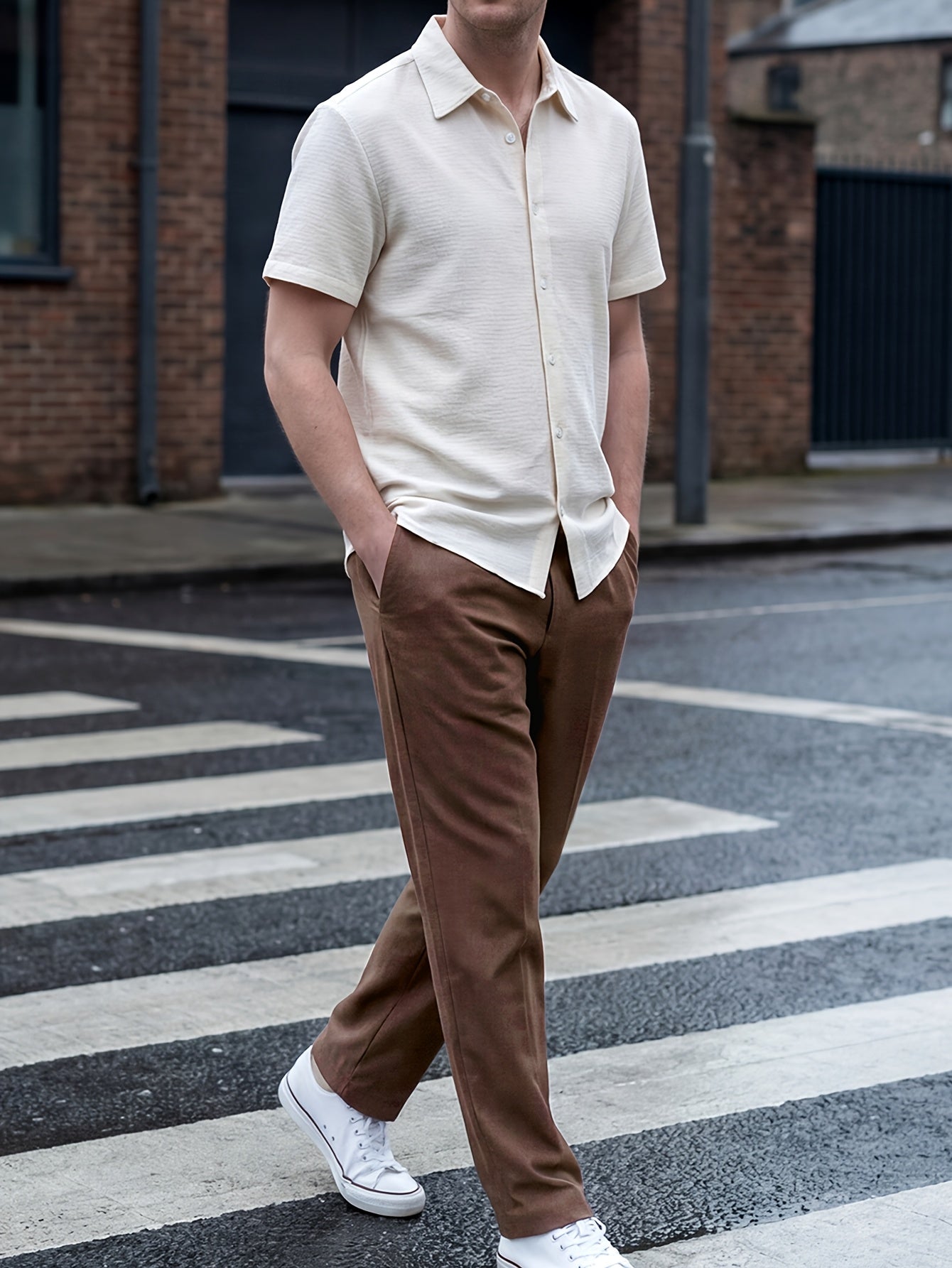 Men's Casual Short-Sleeve Shirt and Straight-Leg Pants Set